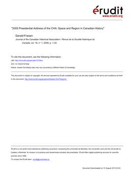 2005 Presidential Address of the CHA: Space and Region in Canadian History"