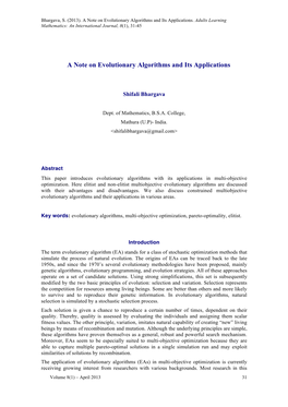 A Note on Evolutionary Algorithms and Its Applications