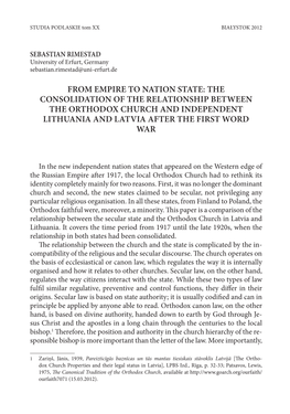 From Empire to Nation State: the Consolidation of the Relationship Between the Orthodox Church and Independent Lithuania and Latvia After the First Word War