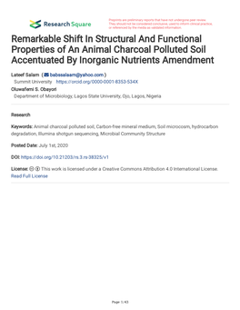 Remarkable Shift in Structural and Functional Properties of an Animal Charcoal Polluted Soil Accentuated by Inorganic Nutrients Amendment