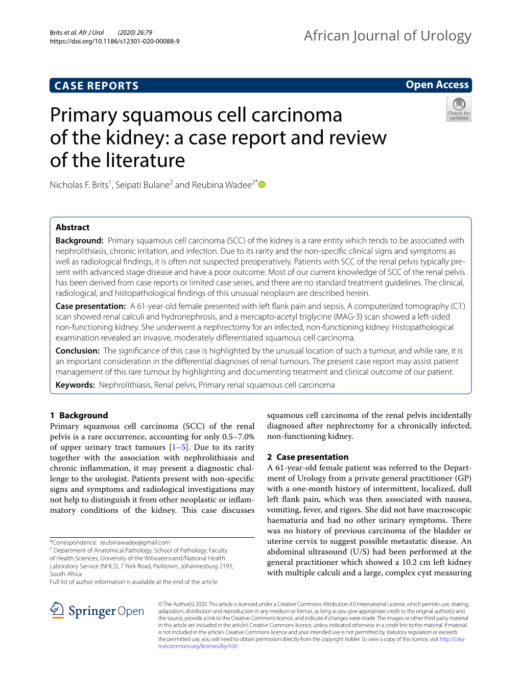 Primary Squamous Cell Carcinoma of the Kidney: a Case Report and Review of the Literature Nicholas F