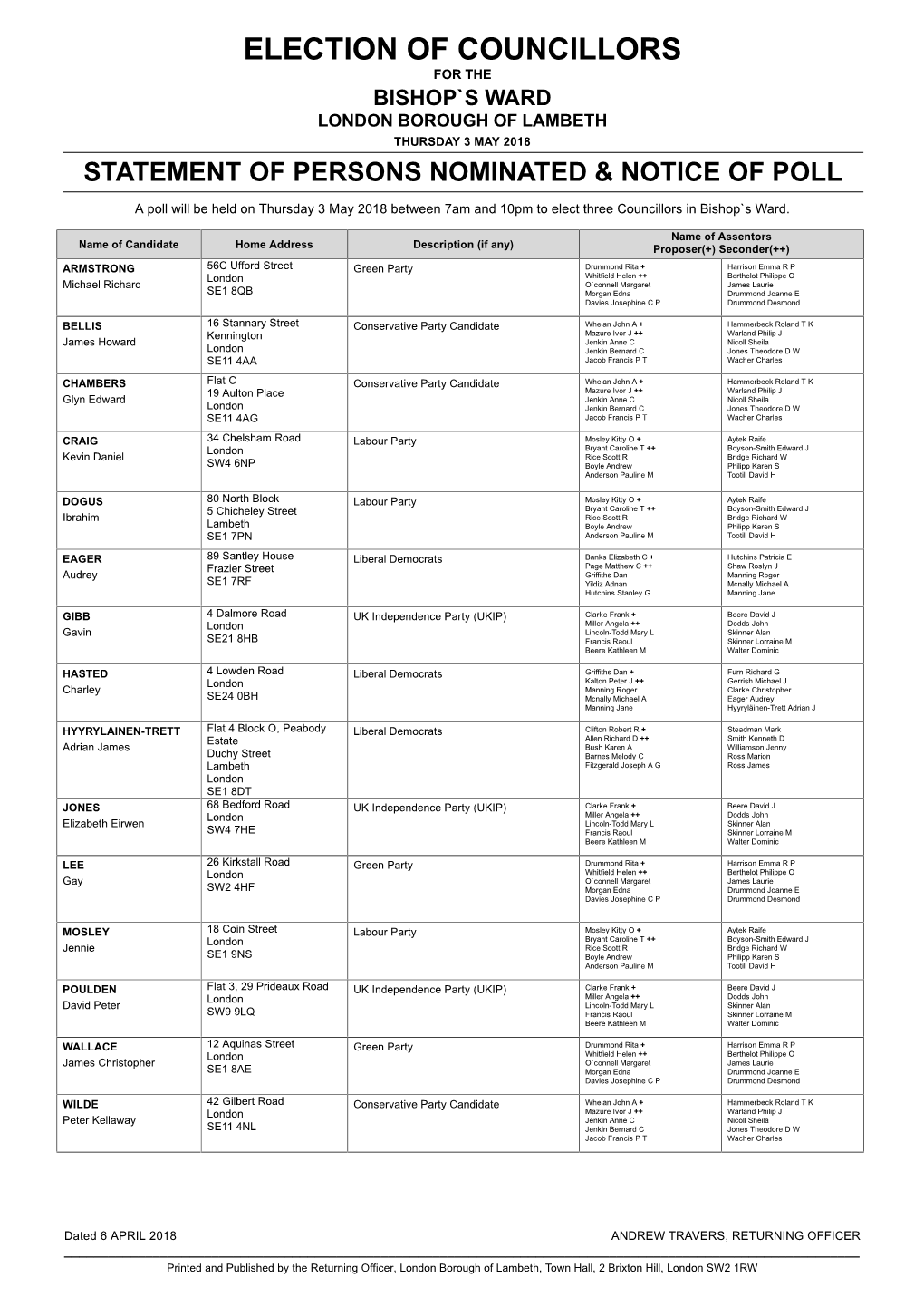 Election of Councillors for the Bishop`S Ward London Borough of Lambeth Thursday 3 May 2018 Statement of Persons Nominated & Notice of Poll