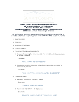 SUMMIT COUNTY BOARD of COUNTY COMMISSIONERS 1ST AMENDED REGULAR MEETING AGENDA Tuesday, March 12, 2019, 1:30 P.M