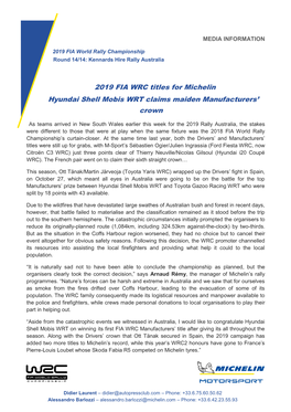 2019 FIA WRC Titles for Michelin Hyundai Shell Mobis WRT Claims Maiden Manufacturers' Crown
