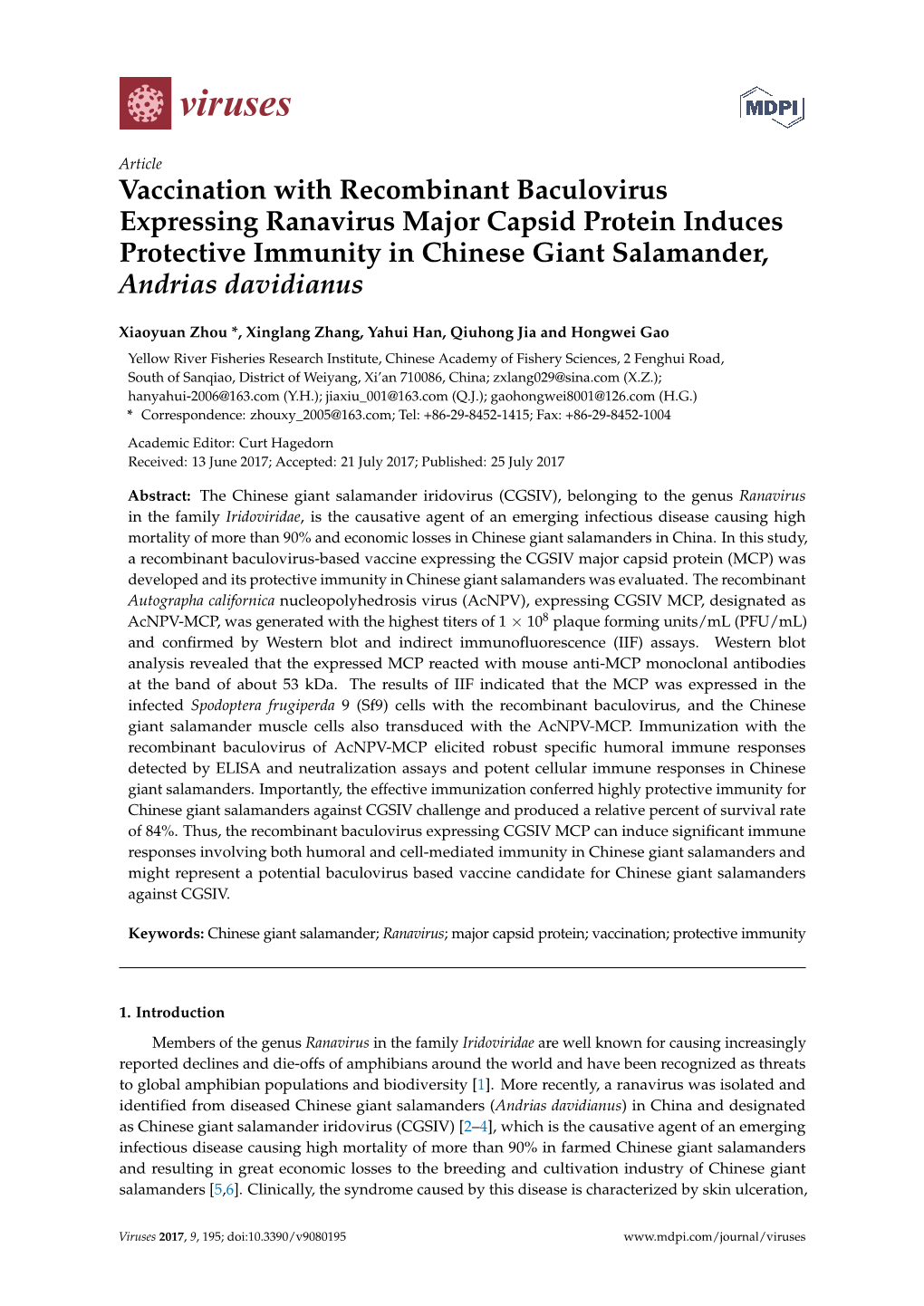 Vaccination with Recombinant Baculovirus Expressing Ranavirus Major Capsid Protein Induces Protective Immunity in Chinese Giant Salamander, Andrias Davidianus