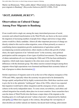 Duit, Jodoh, Dukun: Observations on Cultural Change Among Poor Migrants to Bandung