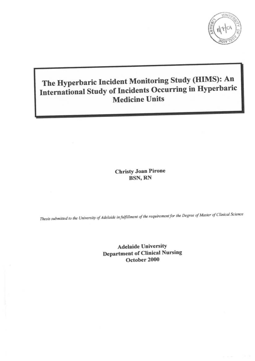(HIMS) : an International Study of Incidents Occuring in Hyperbaric Medicine Units