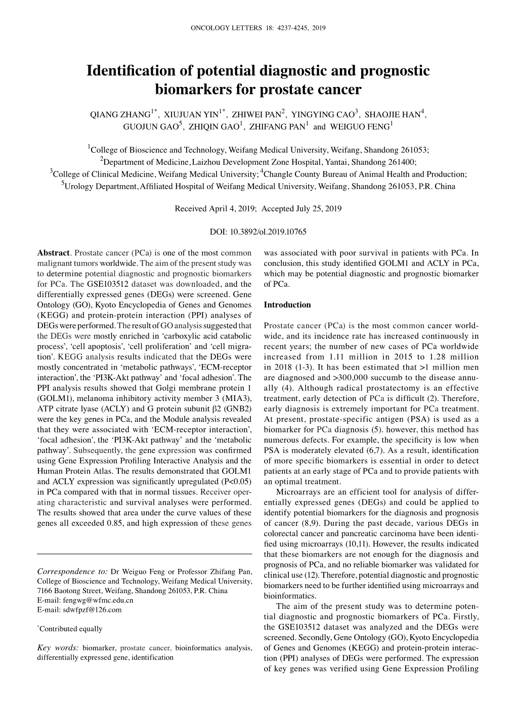 Identification of Potential Diagnostic and Prognostic Biomarkers for Prostate Cancer