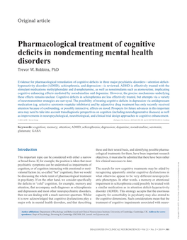 Pharmacological Treatment of Cognitive Deficits in Nondementing Mental Health Disorders Trevor W