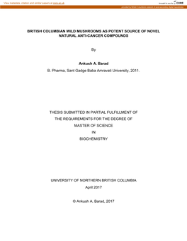 British Columbian Wild Mushrooms As Potent Source of Novel Natural Anti-Cancer Compounds