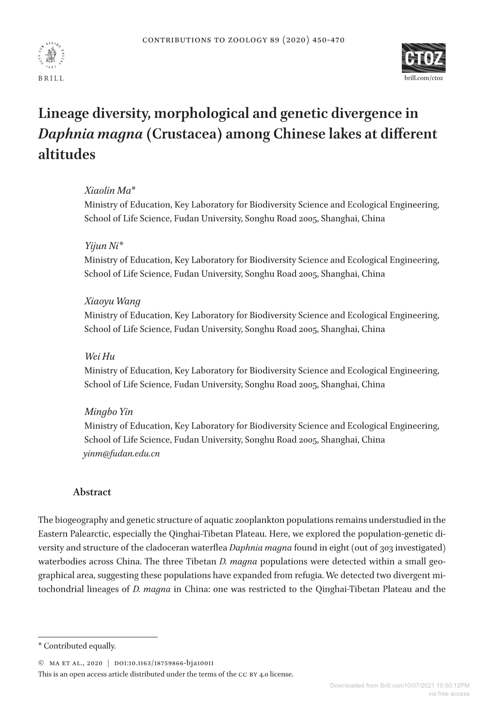 Lineage Diversity, Morphological and Genetic Divergence in Daphnia Magna (Crustacea) Among Chinese Lakes at Different Altitudes