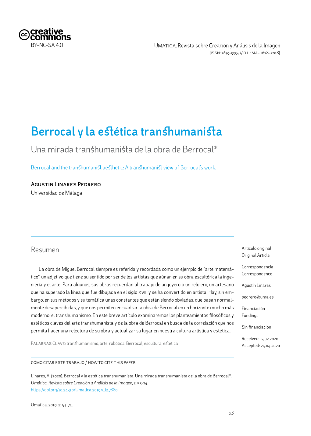 Berrocal Y La Estética Transhumanista Una Mirada Transhumanista De La Obra De Berrocal*