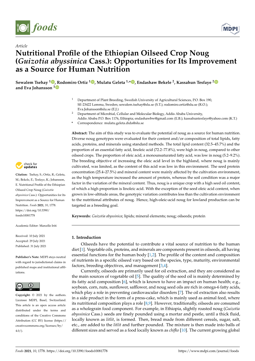 Guizotia Abyssinica Cass.): Opportunities for Its Improvement As a Source for Human Nutrition