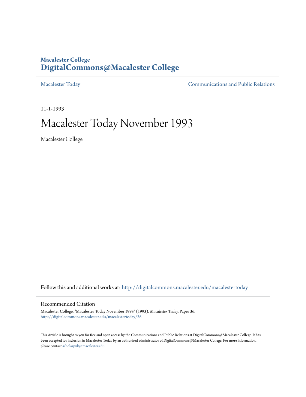 Macalester Today November 1993 Macalester College