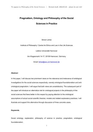 Pragmatism, Ontology and Philosophy of the Social Sciences in Practice