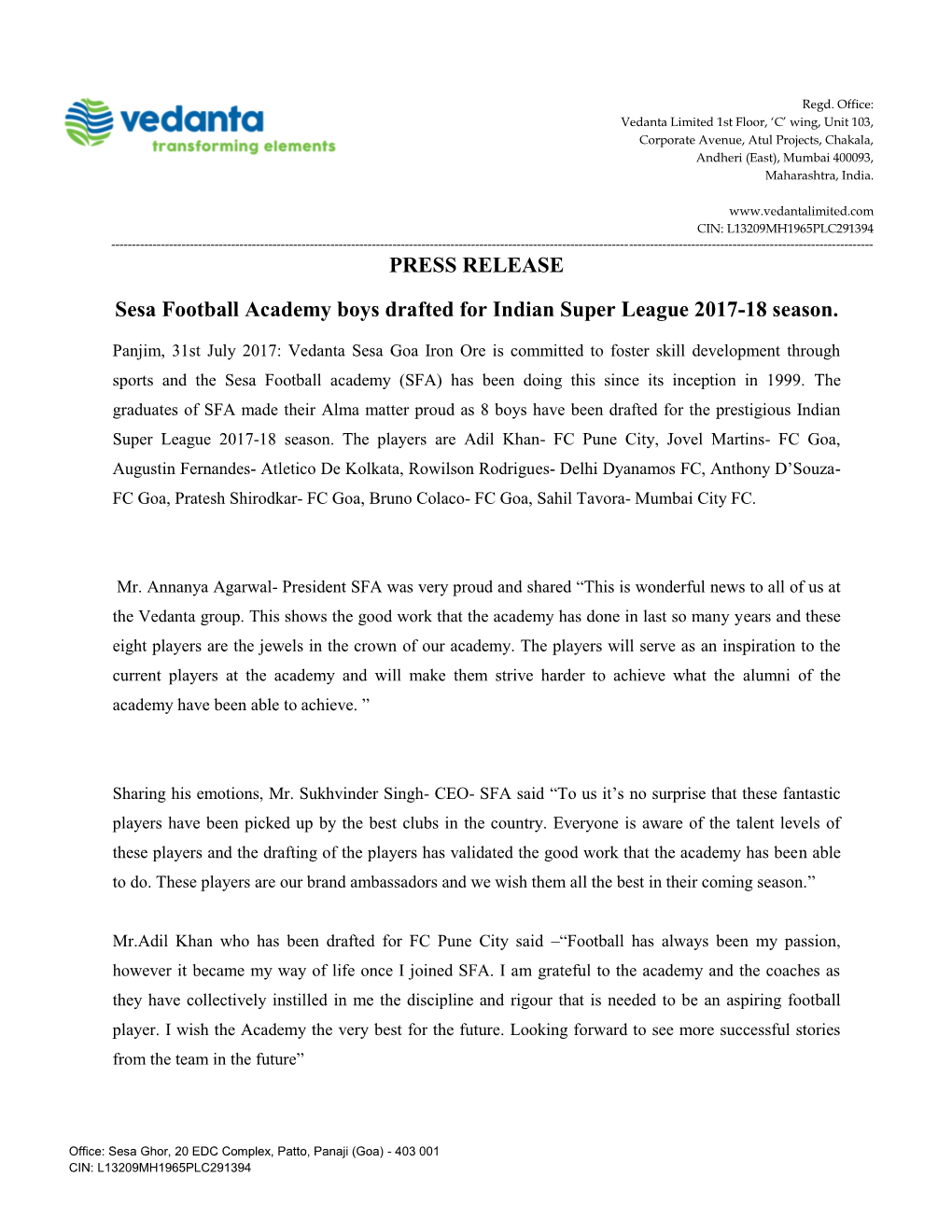 PRESS RELEASE Sesa Football Academy Boys Drafted for Indian