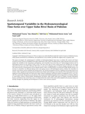 Spatiotemporal Variability in the Hydrometeorological Time-Series Over Upper Indus River Basin of Pakistan