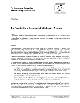 The Functioning of Democratic Institutions in Armenia