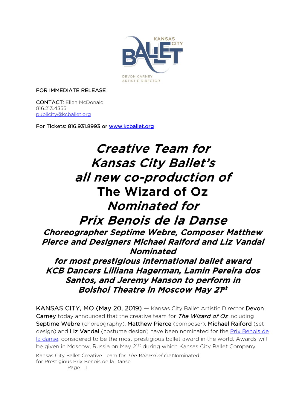 Creative Team for Kansas City Ballet's All New Co-Production Of