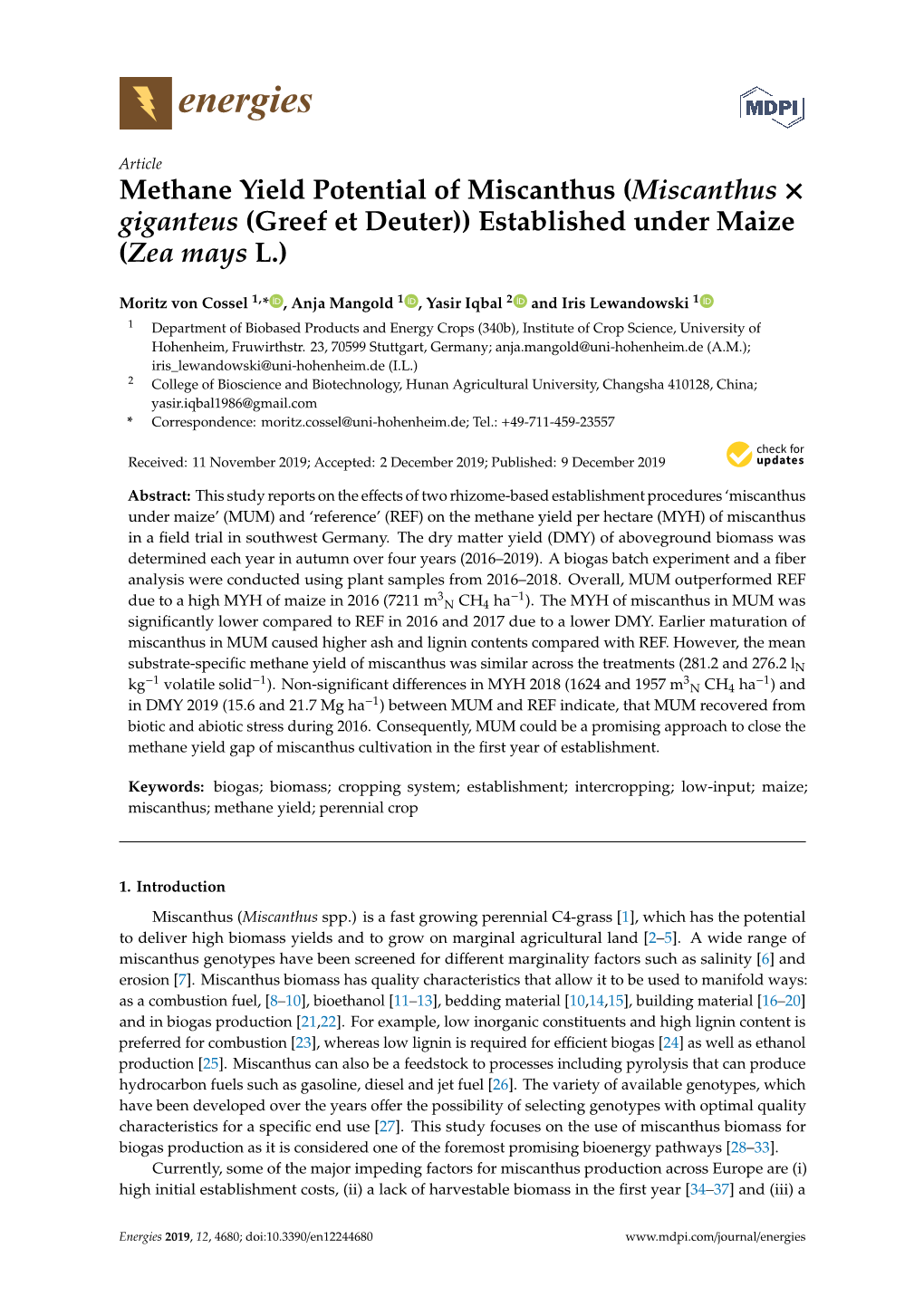 Methane Yield Potential of Miscanthus (Miscanthus × Giganteus (Greef Et Deuter)) Established Under Maize (Zea Mays L.)