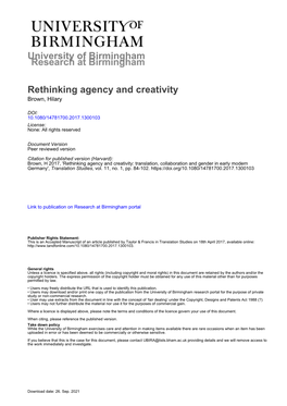 University of Birmingham Rethinking Agency and Creativity
