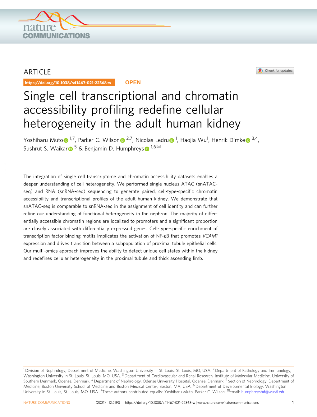 Single Cell Transcriptional and Chromatin Accessibility Proﬁling Redeﬁne Cellular Heterogeneity in the Adult Human Kidney