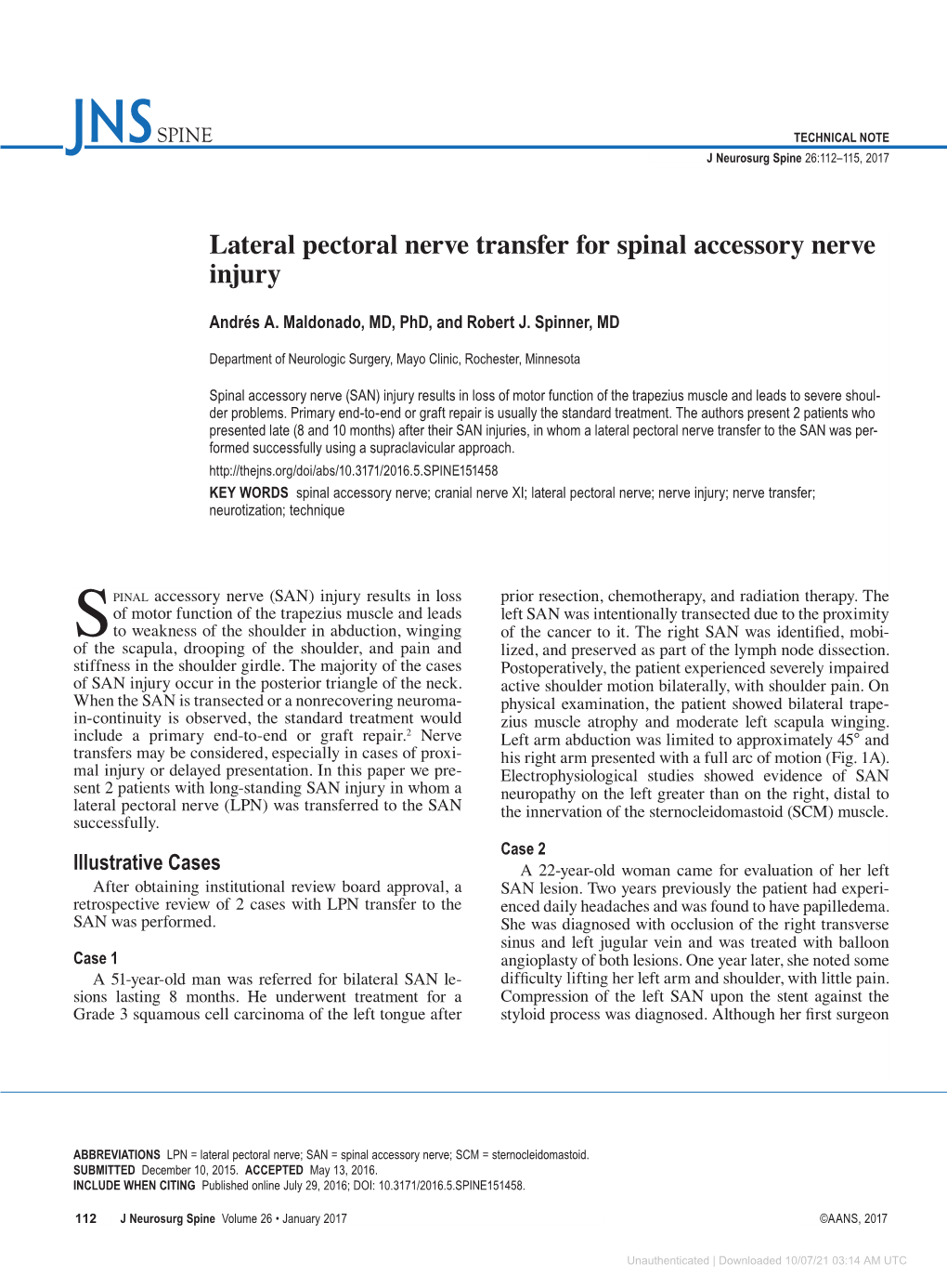 Lateral Pectoral Nerve Transfer for Spinal Accessory Nerve Injury