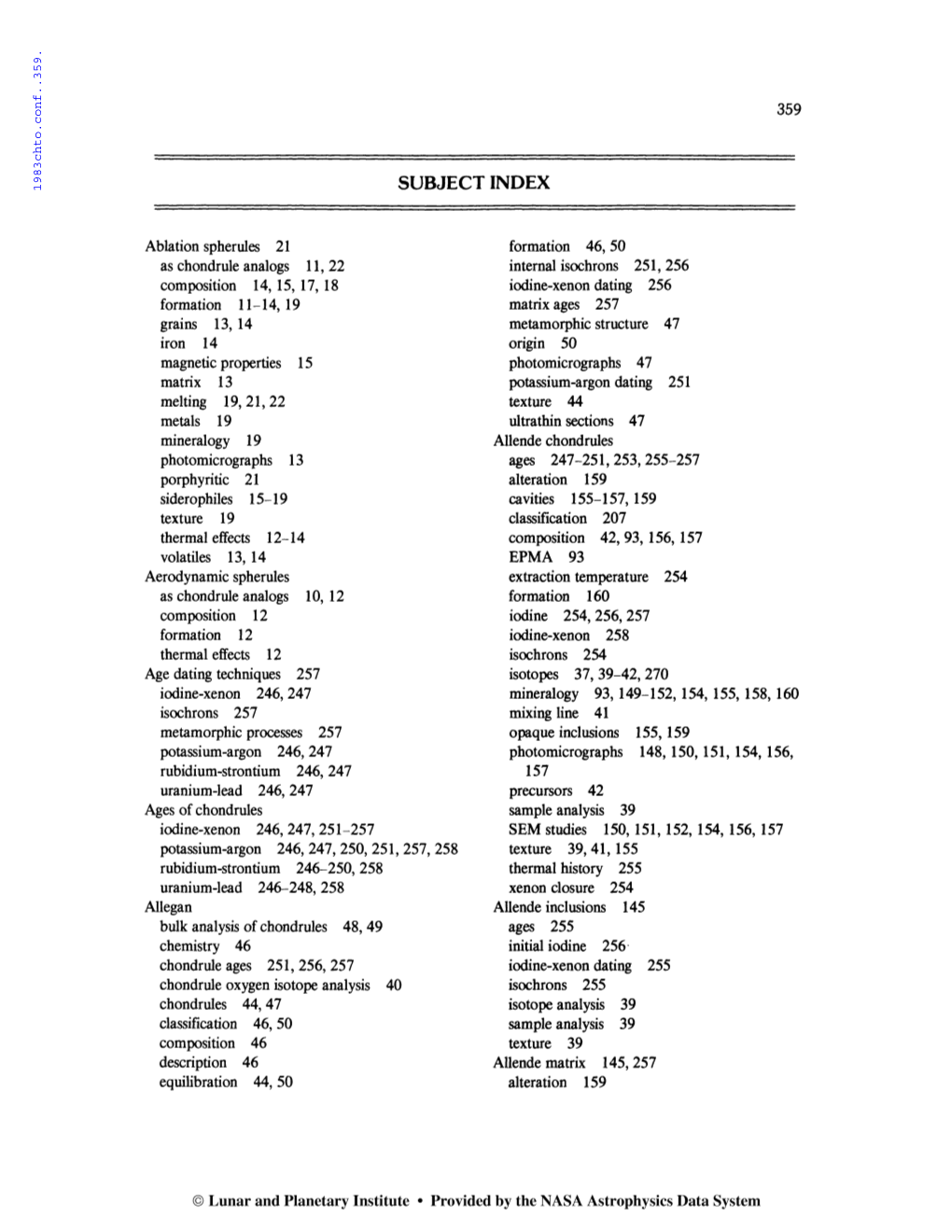 Chondrules and Their Origins. Subject Index