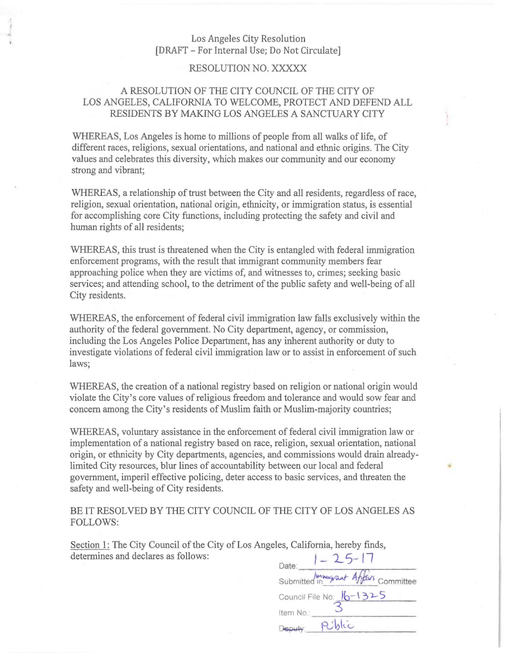 Los Angeles City Resolution [DRAFT - for Internal Use; Do Not Circulate] RESOLUTION NO