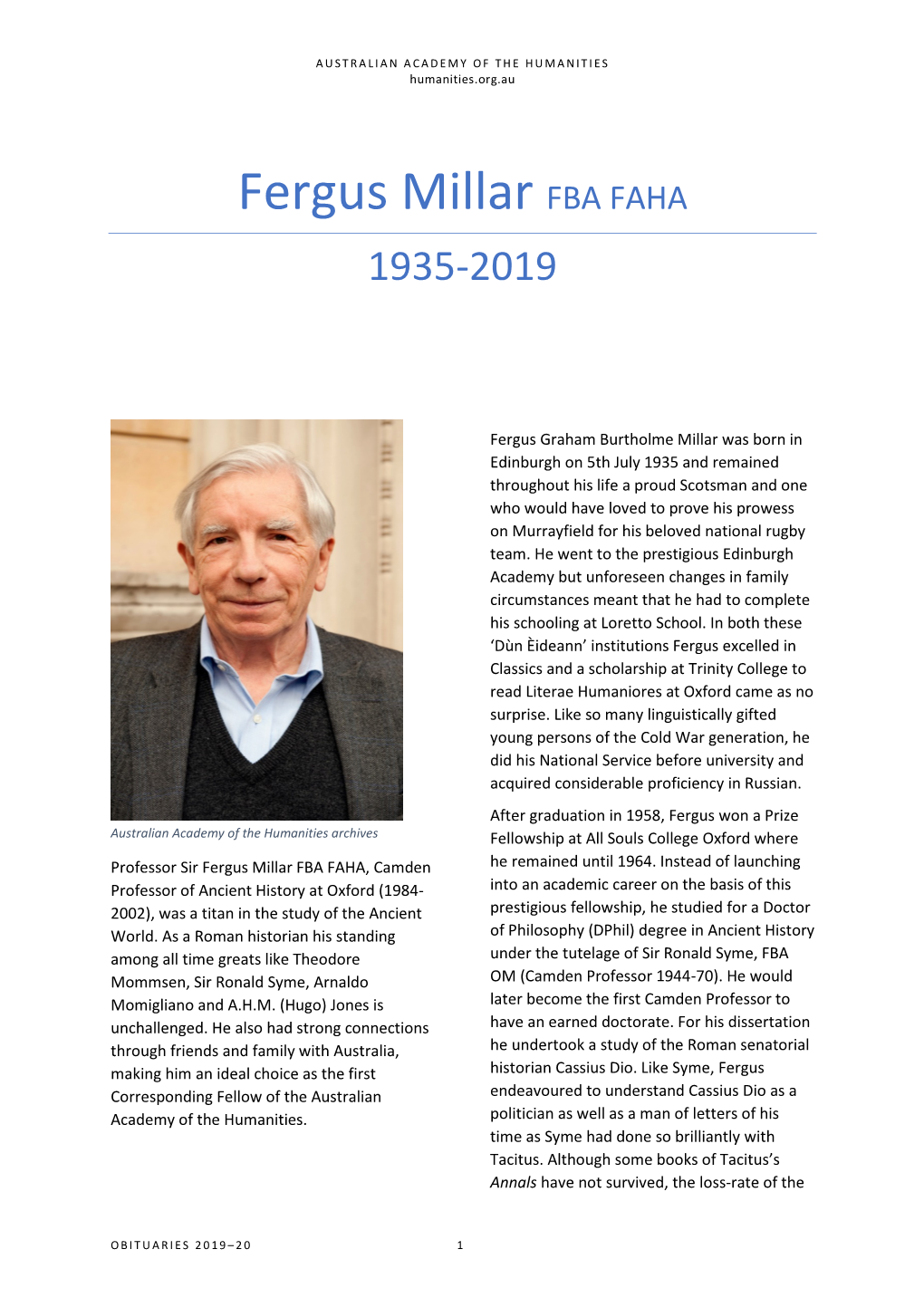 Fergus Millar FBA FAHA 1935-2019