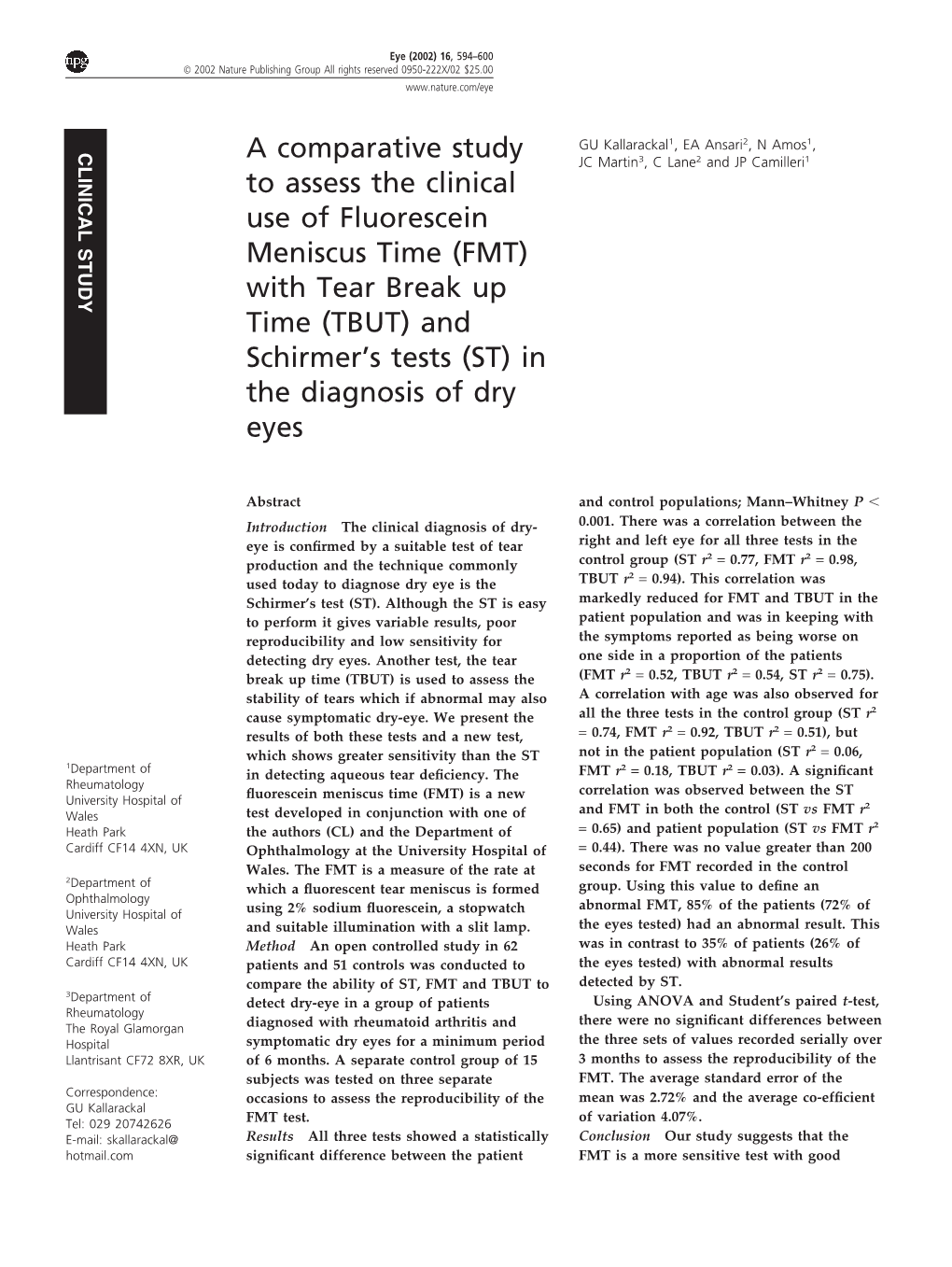 (TBUT) and Schirmer’S Tests (ST) in the Diagnosis of Dry Eyes