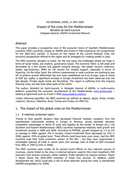 Impact of the Crisis for the Mediterranean Abstract 1. The
