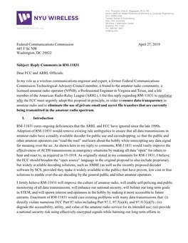 Federal Communications Commission April 27, 2019 445 F St. NW Washington, DC 20022 Subject: Reply Comments in RM-11831 Dear