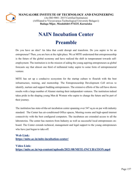 NAIN Incubation Center Preamble