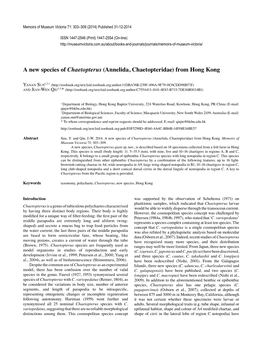 A New Species of Chaetopterus (Annelida, Chaetopteridae) from Hong Kong