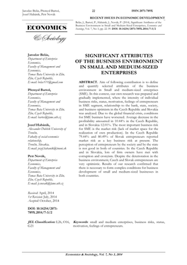 Significant Attributes of the Business Environment in Small and Meduim-Sized Enterprises, Economics and Sociology, Vol