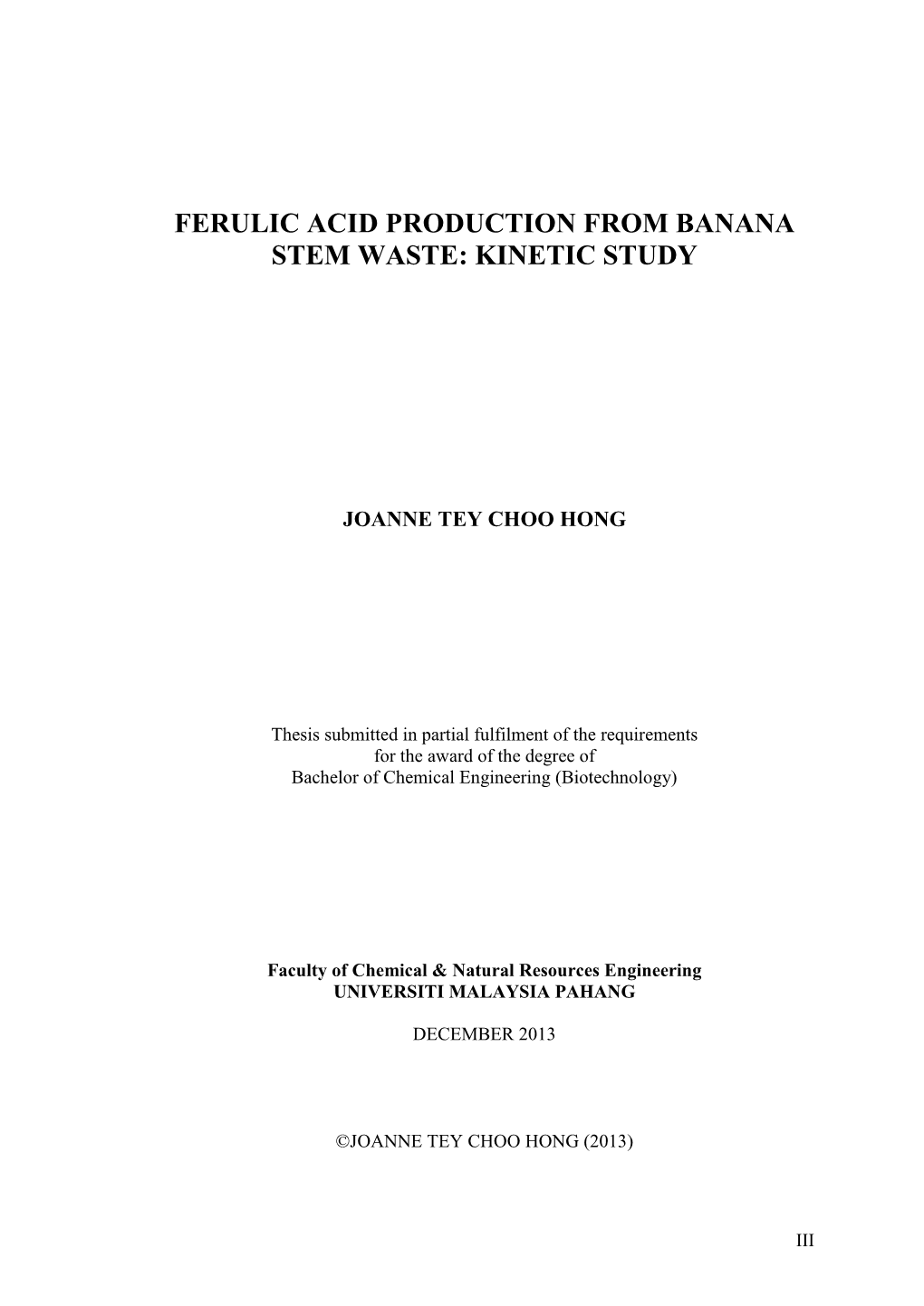 Ferulic Acid Production from Banana Stem Waste: Kinetic Study