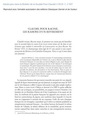 Claudel Pour Racine, Les Raisons D'un Revirement