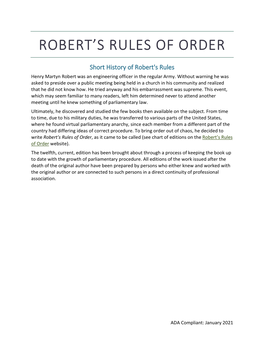 Robert's Rules of Order, As It Came to Be Called (See Chart of Editions on the Robert’S Rules of Order Website)