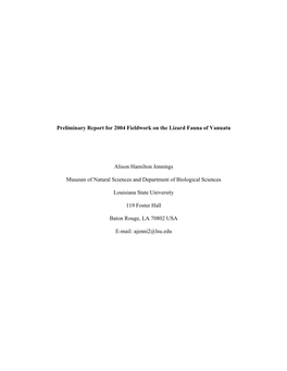Preliminary Report for 2004 Fieldwork on the Lizard Fauna of Vanuatu