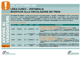 Dal 24 Ottobre 2020 Linea Cuneo – Ventimiglia Modifiche Alla Circolazione Dei Treni