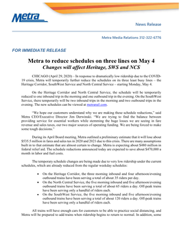 Metra to Reduce Schedules on Three Lines on May 4 Changes Will Affect Heritage, SWS and NCS