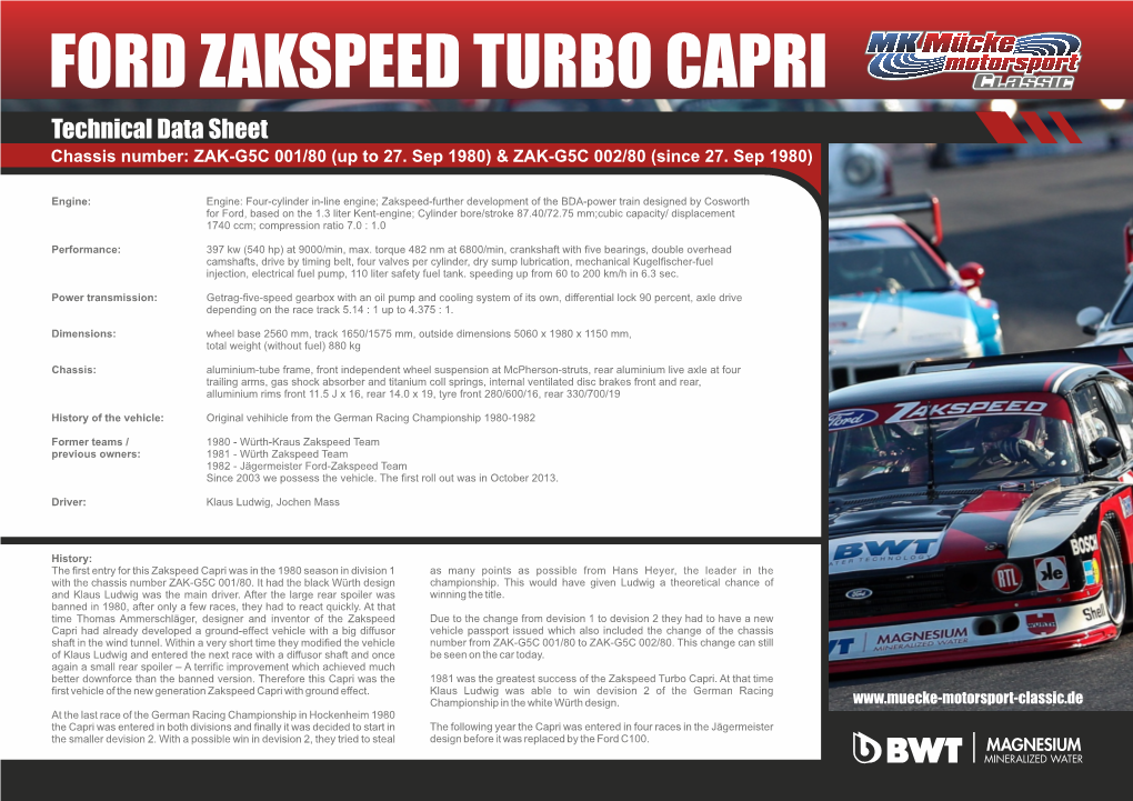 FORD ZAKSPEED TURBO CAPRI MK Technical Data Sheet Chassis Number: ZAK-G5C 001/80 (Up to 27