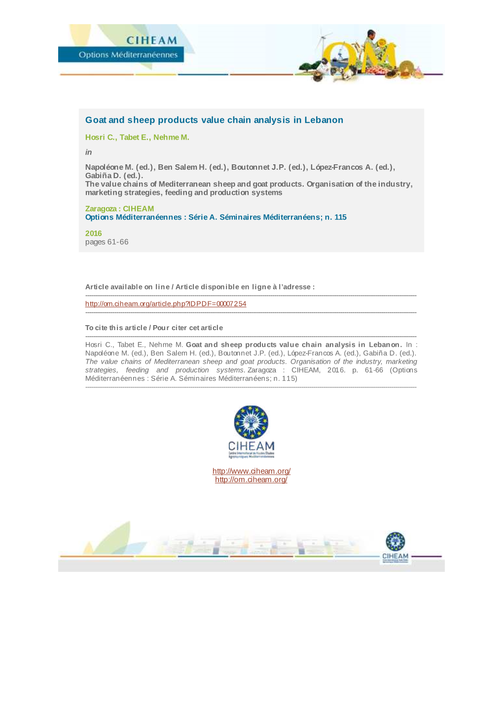 Goat and Sheep Products Value Chain Analysis in Lebanon