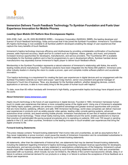 Immersion Delivers Touch Feedback Technology to Symbian Foundation and Fuels User Experience Innovation for Mobile Phones