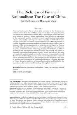 The Richness of Financial Nationalism: the Case of China Eric Helleiner and Hongying Wang