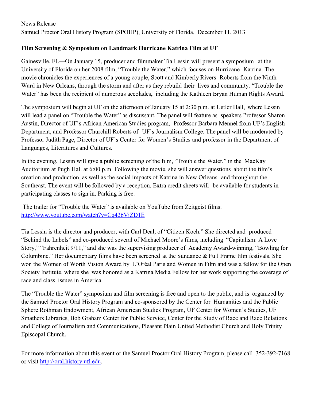 News Release Samuel Proctor Oral History Program (SPOHP), University of Florida, December 11, 2013