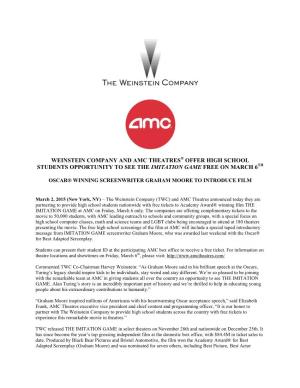 Weinstein Company and Amc Theatres Offer High School Students Opportunity to See the Imitation Game Free on March 6
