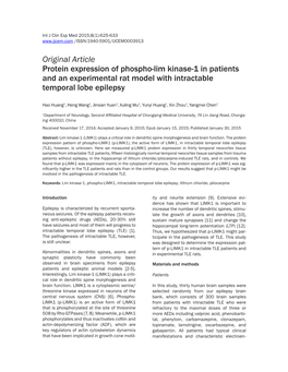 Original Article Protein Expression of Phospho-Lim Kinase-1 in Patients and an Experimental Rat Model with Intractable Temporal Lobe Epilepsy