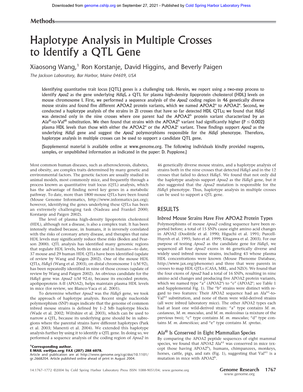 Haplotype Analysis in Multiple Crosses to Identify a QTL Gene